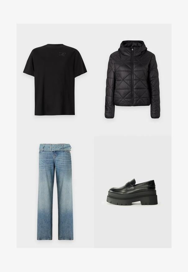 Melnā quiltota jaka ar kapuci, ar priekšējo rāvējslēdzēju un mīkstu, gludu tekstūru. Audumam ir dimantu raksts.; Melna kokvilnas T-kreklā, ar apaļu kakla izgriezumu, īsām piedurknēm, uz kreisās augšējās puses ir neliels tonalais logo. Gluda tekstūra.; Gai zila džinsu bikses ar plašu kāju dizainu, ar saderīgu jostu pie vidukļa un pakāpenisku izbalēšanu no tumšas uz gaišu.; Melnas ādas loafers ar masīvu platformas zoli. Noapaļota purngala forma, priekšējā šuvju detaļa un smalki šuvju akcenti. Plakana, teksturēta zole.