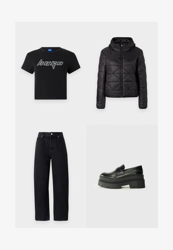 Sort quilted jakke med hætte, der har en frontlynlås og en blød, glat tekstur. Diamantmønster over stoffet.; Sort cropped t-shirt lavet af bomuld, med et stort, stiliseret hvidt "hugo" logo i en grafisk skrift. Korte ærmer og rund halsudskæring.; Højtaljede, lige ben sorte denim jeans med fem lommer, metal nitter og tone-i-tone syninger. Glat tekstur, minimalistisk design.; Sorte læder loafers med en kraftig platformsål. Rund tå, forkant-søm detalje og subtile syninger. Flad, struktureret ydersål.