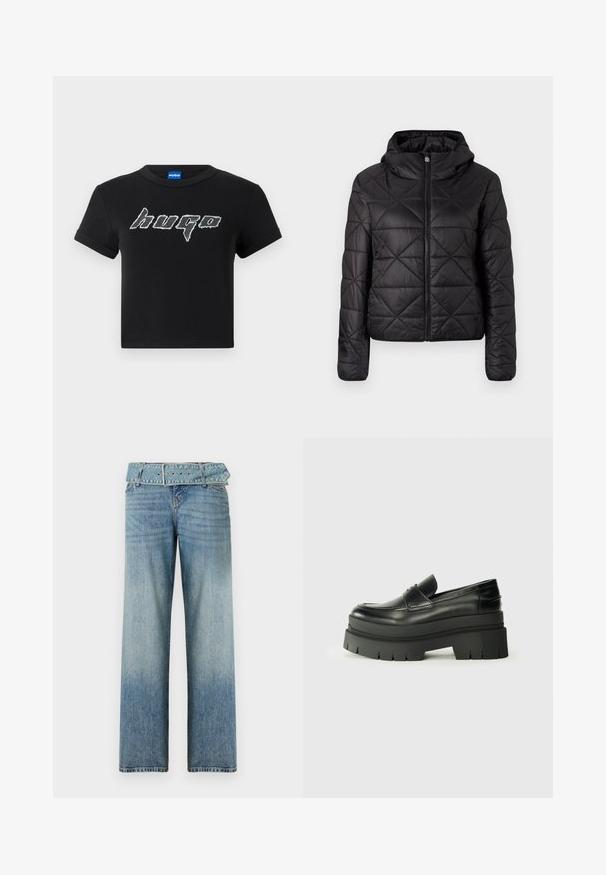 Casaco preto acolchoado com capuz, apresentando um fecho frontal com zíper e uma textura suave e macia. Padrão de diamante pelo tecido.; Camiseta preta cropped em algodão, apresentando um grande logótipo "hugo" estilizado em fonte gráfica branca. Mangas curtas e decote redondo.; Jeans de denim azul claro com um design de perna larga, apresentando uma cintura com cinto combinado e um desbotamento gradual de escuro para claro.; Sapatos de couro pretos tipo loafer com solas de plataforma chunky. Bico arredondado, detalhe de costura frontal e sutis detalhes de costura. Sola exterior plana e texturizada.