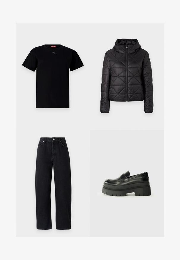 Mustardvärviline tikitud jakk kapuutsiga, millel on ees lukuga sulgemine ja pehme, sile tekstuur. Kangas on kaunistatud ruuduline muster.; Must musta T-särk ümmarguse kaelusega, lühikeste varrukatega ja väikese embleemiga rinnal. Pehme tekstuur ja regulaarne lõige.; Kõrge vöökohaga, sirged mustad denim püksid, viie taskuga, metallist nööpidega ja toon-toonis õmblustega. Sile tekstuur, minimalistik disain.; Mustad mustrennistest nahast mokad, millel on paks platvormi tald. Ümar varvas, eesmine õmblusdetail ja peened õmblemisaktsendid. Lame, tekstureeritud välistald.