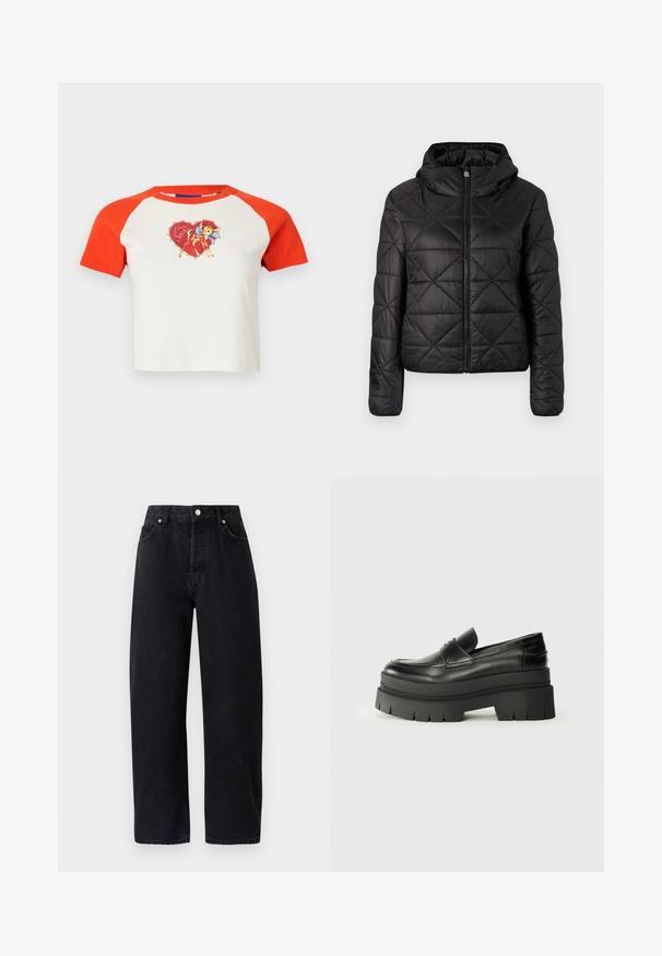 Černá prošívaná bunda s kapucí, která má přední zip a měkkou, hladkou texturu. Diamantový vzor na látce.; Krátký rukáv, zkrácené tričko s červenými raglánovými rukávy. Obsahuje barevnou grafiku jelena s mašlí na bílém pozadí.; Černé džíny s vysokým pasem a rovnými nohavicemi, s pěti kapsami, kovovými nýty a tónovaným prošíváním. Hladká textura, minimalistický design.; Černé kožené loafers s robustní platformovou podrážkou. Kulatá špička, přední šev a jemné akcenty prošití. Plochá, texturovaná podrážka.