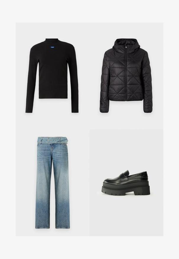 Musta tikkikangas takki hupulla, jossa on edessä vetoketju ja pehmeä, sileä pinta. Timanttikuosi kankaan pinnalla.; HUGO Pitkähihainen paita - schwarz; Vaaleansiniset farkut, joissa on leveä lahje, vyötäröllä on samasta kankaasta valmistettu vyö, ja värin vaalennus tummasta vaaleaksi tapahtuu vähitellen.; Musta nahkakengät, joissa on muhkea pohja. Pyöristetty kärki, etusauman yksityiskohtia ja hienovaraisia ompeluaksentteja. Littee, kuvioitu ulkopohja.