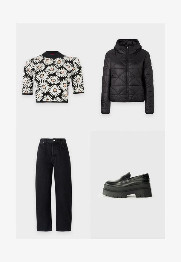 Mustardvärviline tikitud jakk kapuutsiga, millel on ees lukuga sulgemine ja pehme, sile tekstuur. Kangas on kaunistatud ruuduline muster.; Kootud topp mustal taustal, millel on valged karikakrad ja oranžid keskosad. Lühikesed varrukad ja ümar kaelus. Tekstuuriga kangas.; Kõrge vöökohaga, sirged mustad denim püksid, viie taskuga, metallist nööpidega ja toon-toonis õmblustega. Sile tekstuur, minimalistik disain.; Mustad mustrennistest nahast mokad, millel on paks platvormi tald. Ümar varvas, eesmine õmblusdetail ja peened õmblemisaktsendid. Lame, tekstureeritud välistald.