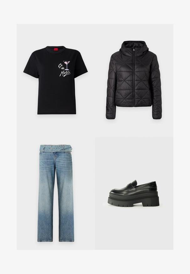 Juodas siuvinėtas švarkas su kapišonu, turintis priekinį užtrauktuką ir minkštą, glotnų tekstūrą. Audinyje matomas deimanto raštas.; Juodas medvilninis marškinėliai trumpomis rankovėmis, su baltu ir rožiniu grafiniu piešiniu, vaizduojančiu martini taurę, ir užrašu "Ça va Merci" žaismingu šriftu.; Šviesiai mėlynos džinsinės kelnės su plačiu kojų dizainu, turinčios derančią diržą juosmenyje ir palaipsniui šviesėjančias nuo tamsios iki šviesios.; Juodos odinės loafers tipo bateliai su masyviu platformos padu. Suapvalintas pirštas, priekinė siuvimo detalė ir subtilūs siuvinėjimo akcentai. Lygus, tekstūruotas padas.