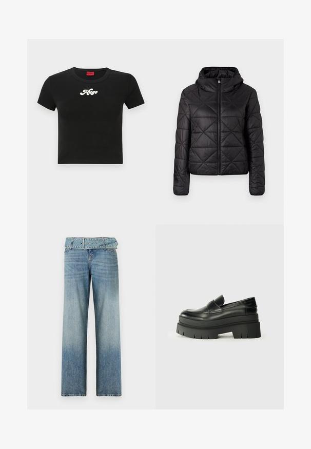 Casaco preto acolchoado com capuz, apresentando um fecho frontal com zíper e uma textura suave e macia. Padrão de diamante pelo tecido.; T-shirt cropped preto feito de algodão, apresentando um logótipo em script branco "Hugo" no peito e um decote redondo. Mangas curtas.; Jeans de denim azul claro com um design de perna larga, apresentando uma cintura com cinto combinado e um desbotamento gradual de escuro para claro.; Sapatos de couro pretos tipo loafer com solas de plataforma chunky. Bico arredondado, detalhe de costura frontal e sutis detalhes de costura. Sola exterior plana e texturizada.