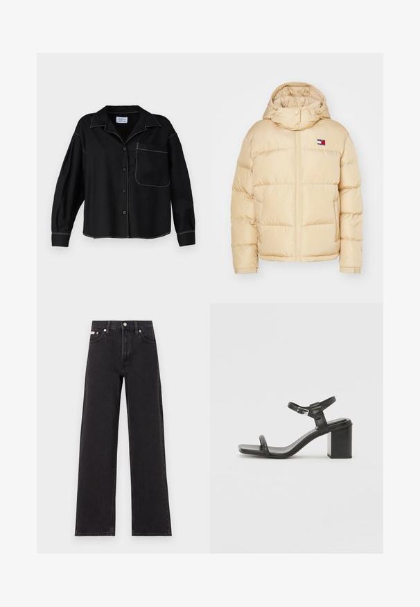 Jachetă puffer bej cu fermoar în față, manșete elastice și glugă. Prezintă un mic patch cu logo pe piept, cu dungi roșii, albe și albastre.; Cămașă neagră cu butoni, cu un guler, mâneci lungi și un buzunar cu clapă. Cusături albe contrastante de-a lungul cusăturilor. Textură de țesătură netedă.; Jeanși negri cu picioare largi, fabricați din denim, cu talie înaltă, stil cu cinci buzunare și închidere cu nasture metalic, cu cusături contrastante.; Sandal din piele neagră cu toc bloc, cu o curea lată peste degete și o curea ajustabilă la gleznă, având un design elegant și minimalist.