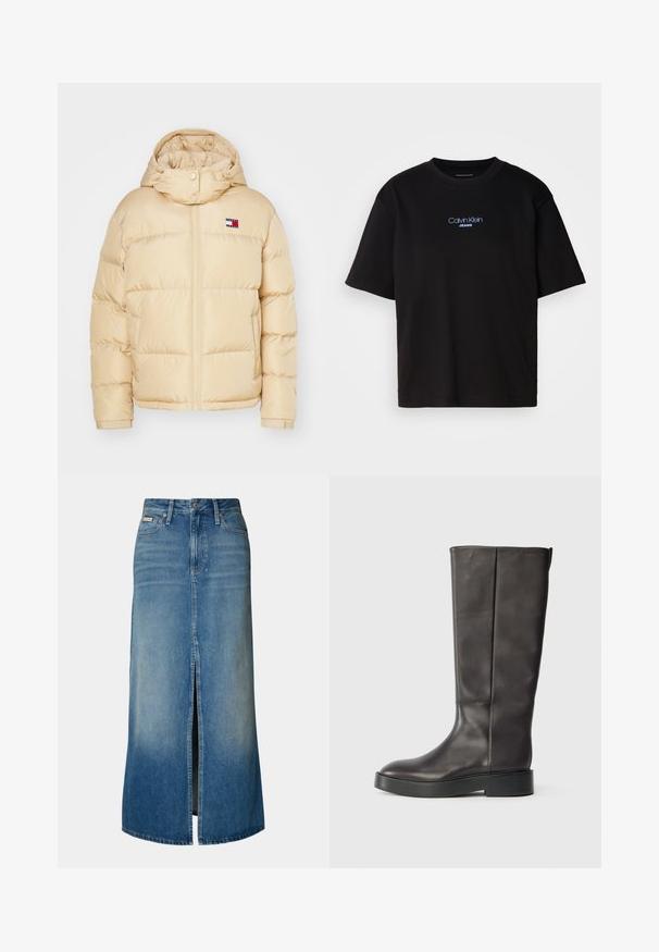 Beeži fliisjakk, millel on lukuga esi, elastsed mansetid ja kapuuts. Ees on väike logo patch punaste, valgete ja siniste triipudega.; Mustmust särk ümmarguse kaelusega, lühikeste varrukatega ja sinise tikandiga "Calvin Klein JEANS" logo ees.; Heleda sinine denim maxi seelik, millel on ees lõhe, vöökohad, traditsiooniline viie tasku disain ja plekiline pesu.; Must muste kõrgusse ulatuv must nahast saapad paksu tallaga ja diskreetse Calvin Kleini logoga ülaääres, nähtud külgedelt.