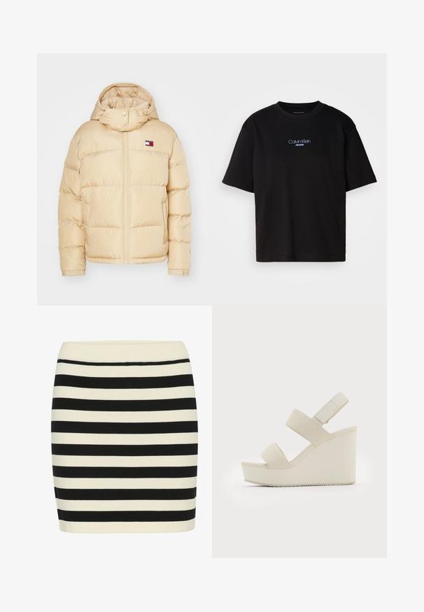 Beige Pufferjacke mit Reißverschluss vorne, elastischen Bündchen und einer Kapuze. Verfügt über ein kleines Logopatch mit rot-weißen und blauen Streifen auf der Brust.; Schwarzes Baumwoll-T-Shirt mit Rundhalsausschnitt, kurzen Ärmeln und blau gesticktem "Calvin Klein JEANS"-Logo auf der Vorderseite.; Schwarz- und cremefarbener gestreifter Strickrock, figurnah geschnitten, mit einem gerippten Bund. Horizontale Streifen wechseln in der Breite und sorgen für visuelle Textur.; Beige Keilsandalen mit zwei breiten Riemen und einem spitz zulaufenden Absatz. Hergestellt aus glattem Material mit einer strukturierten Sohle. Logo auf dem Absatz geprägt.
