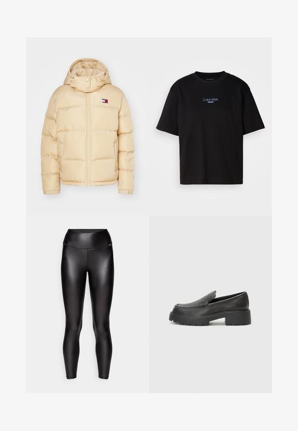 Bežna puffer jakna z zadrgo spredaj, elastični manšeti in kapuco. Ima majhen logotip s rdečimi, belimi in modrimi črtami na prsih.; Črna bombažna majica s krožnim izrezom, kratkimi rokavi in modrim vezenim logotipom "Calvin Klein JEANS" na sprednji strani.; Črne legice z visokim pasom, narejene iz sijočega materiala. Imajo prilegač dizajn in gladko teksturo brez vidnih šivov.; Črne usnjene loafers čevlje z zaobljenim nosom, debelim teksturiranim podplatom in minimalnimi šivi. Elegantna zasnova brez vidnih vezalk ali kovinskih delov.