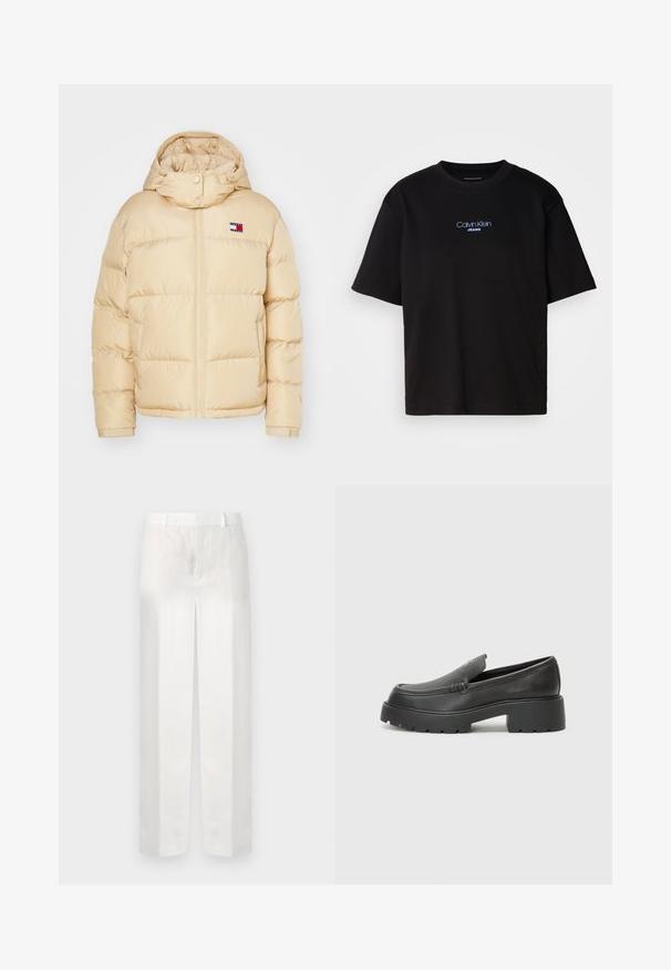 Beige puffer jacket with a zip front, elastic cuffs, and a hood. Features a small logo patch with red, white, and blue stripes on the chest.; Black cotton t-shirt with a round neck, short sleeves, and blue embroidered "Calvin Klein JEANS" logo on the front.; White linen trousers with a straight cut, featuring a flat front, belt loops, and no visible pockets, showcasing a smooth, lightweight texture.; Black leather loafers with a rounded toe, thick textured sole, and minimal stitching details. Sleek design with no visible laces or hardware.