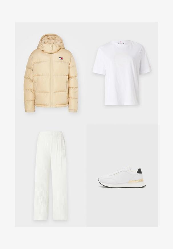 Beige pufferjakke med glidelås foran, elastiske mansjetter og hette. Har et lite logo-merke med røde, hvite og blå striper på brystet.; Hvit bomulls T-skjorte med rund hals, korte ermer og subtilt gult logodesign som leser "HILFIGER NEW YORK 1985." Standard passform.; Hvite, pregede vide bukser med elastisk midjebånd. Laget av lett stoff, med vertikale striper og en flytende passform.; Hvit sneaker med glatt finish, med svart hælaccent og en gullmetallisk detalj på mellomsålen. Snøring, gummisåle.