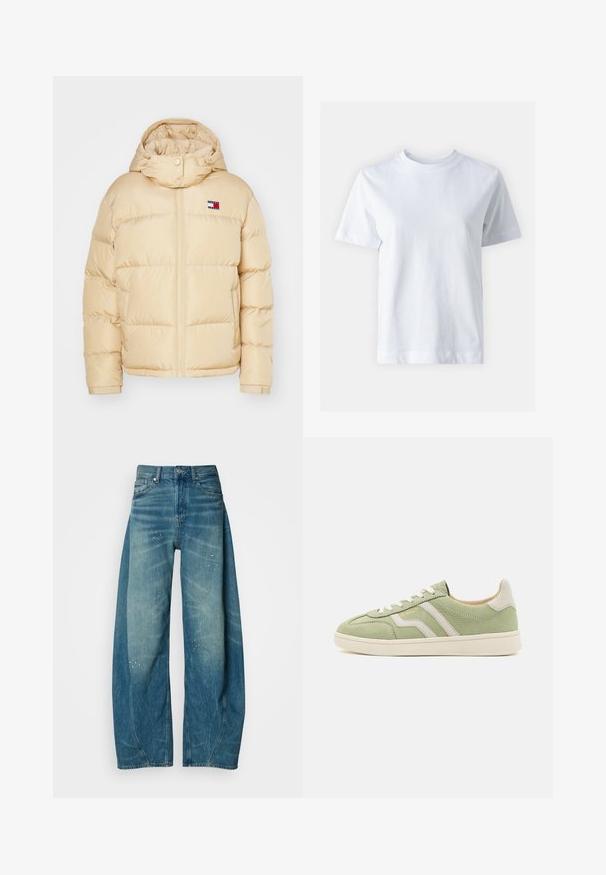 Beige puffer-takki, jossa on vetoketju edessä, joustavat hihansuut ja huppu. Takissa on pieni logo-patch, jossa on punaisia, valkoisia ja sinisiä raitoja rinnassa.; Valkoinen puuvillainen t-paita, jossa on pyöreä pääntie, lyhyet hihat, suora leikkaus ja sileä rakenne. Ei kuvioita tai koristeluja.; Vaaleansiniset farkut, joissa on leveät lahkeet, haalistuneita alueita ja pieniä maalisirokkeita. Ominaisuuksiin kuuluu klassinen viisi-taskuinen muotoilu ja nappikiinnitys.; Vihreät mokkakenkäparit vaaleanbeigeillä yksityiskohdilla, joissa on kaarevat valkoiset sivunauhat, pyöreä pää ja litteä kumipohja. Nauhat ovat valkoiset.