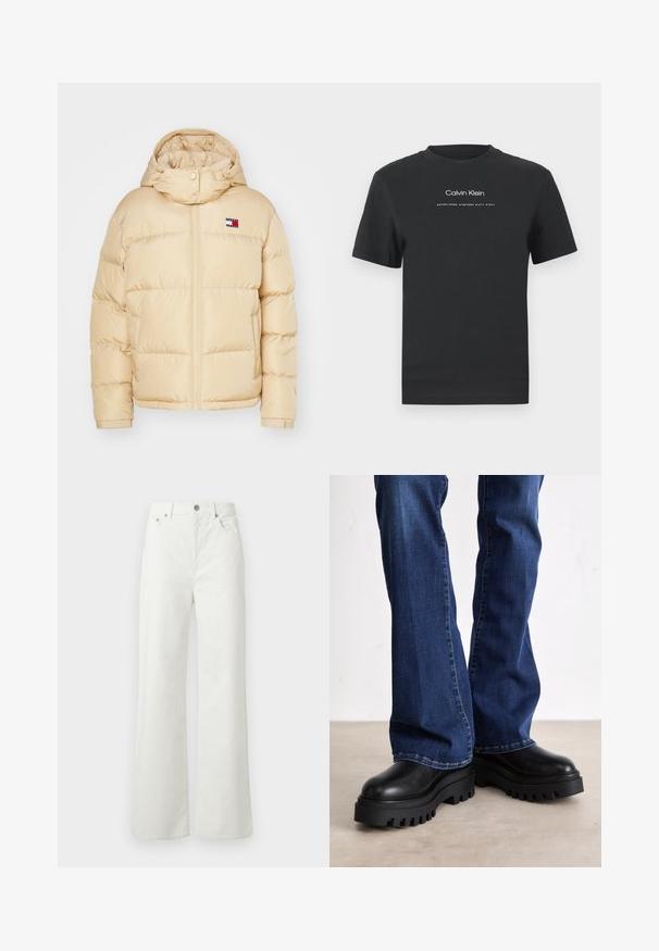 Šviesiai rudas pūkinis džemperis su užtrauktuku priekyje, elastinėmis rankogalių dalimis ir kapišonu. Ant krūtinės yra mažas logotipo pleistras su raudonomis, baltomis ir mėlynomis juostelėmis.; Juodas medvilninis marškinėliai su apvaliu kaklu, trumpomis rankovėmis ir baltu spausdintu "Calvin Klein" logotipu bei tekstu "Įkurtas 1968".; Samsøe Samsøe SHELLY - Laisvo kirpimo džinsai - clear cream; Kiauliniai juodi platforminiai batai su tekstūruotais gumos pado, su apvalia nosimi ir lygiu odiniu viršumi, derinami su mėlynomis plačiomis džinsomis.