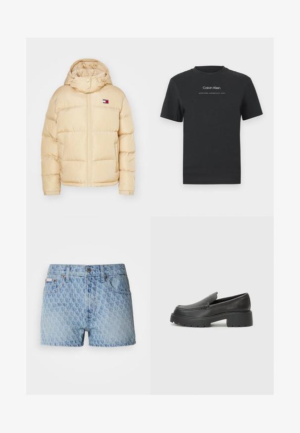 Šviesiai rudas pūkinis džemperis su užtrauktuku priekyje, elastinėmis rankogalių dalimis ir kapišonu. Ant krūtinės yra mažas logotipo pleistras su raudonomis, baltomis ir mėlynomis juostelėmis.; Juodas medvilninis marškinėliai su apvaliu kaklu, trumpomis rankovėmis ir baltu spausdintu "Calvin Klein" logotipu bei tekstu "Įkurtas 1968".; Šviesiai mėlyni džinsiniai šortai su tekstūruotu, pakartotiniu raštu. Yra mygtukų uždarymas ir raudona prekės ženklo etiketė kairiajame kišenėje.; Juodi odiniai loaferiai su apvaliu pirštu, storu tekstūruotu padu ir minimaliu siūlių dekoru. Išskirtinis dizainas be matomų raištelių ar furnitūros.