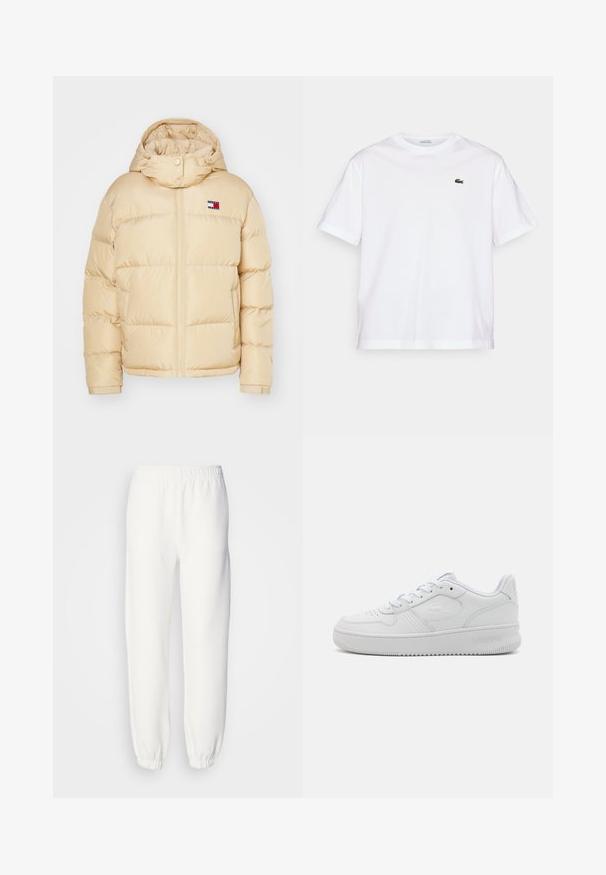 Beige pufferjakke med glidelås foran, elastiske mansjetter og hette. Har et lite logo-merke med røde, hvite og blå striper på brystet.; Hvit bomull T-skjorte med rund hals og korte ermer. Har en grønn brodert logo på brystet. Myk tekstur, avslappet passform.; Hvite joggebukser laget av myk, strikket stoff. Elastisk midje og mansjetter gir en avslappet passform. Minimalistisk design, ingen synlige mønstre eller detaljer.; Hvite lær sneakers med lavt design, teksturert overflate, rund tå, perforeringer for pusteevne og preget logo på siden.