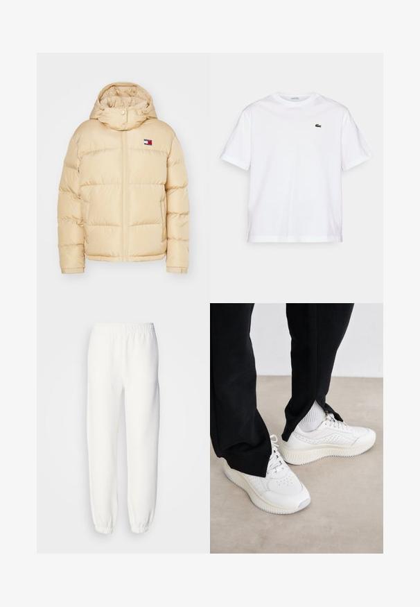 Beige pufferjakke med glidelås foran, elastiske mansjetter og hette. Har et lite logo-merke med røde, hvite og blå striper på brystet.; Hvit bomull T-skjorte med rund hals og korte ermer. Har en grønn brodert logo på brystet. Myk tekstur, avslappet passform.; Hvite joggebukser laget av myk, strikket stoff. Elastisk midje og mansjetter gir en avslappet passform. Minimalistisk design, ingen synlige mønstre eller detaljer.; Hvite sneakers med perforert design, flate snørebånd og teksturert såle. Båret med svarte bukser og lysegrå sokker, hvilende på en nøytral bakgrunn.