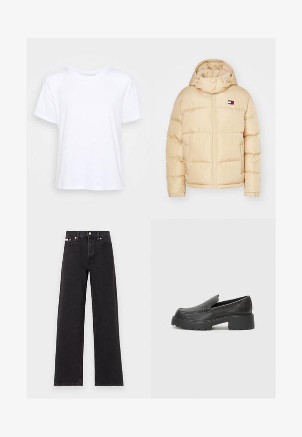 Beige pufferjakke med lynlås foran, elastiske manchetter og hætte. Har et lille logo patch med røde, hvide og blå striber på brystet.; Hvid bomulds T-shirt med rund halsudskæring, korte ærmer og afslappet pasform, der har en glat tekstur og et minimalistisk design.; Sorte vidde jeans lavet af denim, med høj talje, fem-lomme stil og en metalknap lukning med kontrasterende syninger.; Sorte læder loafers med rund tå, tyk tekstureret sål og minimale syninger. Elegant design uden synlige snørebånd eller hardware.