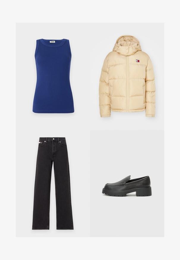 Casaco puffer bege com fecho dianteiro, punhos elásticos e capuz. Apresenta um pequeno emblema com riscas vermelhas, brancas e azuis no peito.; Top de alças azul com decote redondo e sem mangas. Apresenta uma silhueta ajustada e uma textura suave. Etiqueta no decote.; Jeans de perna larga pretos feitos de denim, apresentando uma cintura alta, estilo de cinco bolsos e um fecho em botão de metal com costura contrastante.; Mocassins de couro preto com bico arredondado, sola espessa e texturizada, e detalhes de costura minimalistas. Design elegante sem atacadores ou ferragens visíveis.