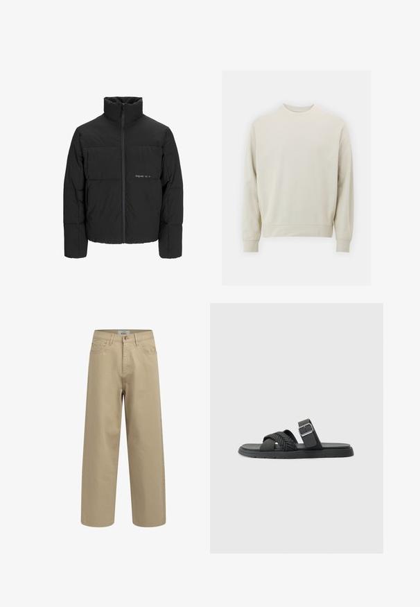 Mustra musta puffer-jakk, millel on kõrge krae, eesne tõmblukku ja tikandiga disain. Sile kangas, millel on rindkeres diskreetne logo.; Soehking heegrebees värviga sweatshirt pehmest kangast, ümmarguse kaelusega, pikkade varrukatega ja ribanitest mansettide ja alläärega. Minimalistlik disain, ilma nähtavate mustriteta.; Beežid laiad püksid, mis on valmistatud puuvillast kangast. Omab nööbiga sulgemist, vöörihmadega ja esi-taskutega. Sile tekstuur, ilma nähtavate mustriteta.; Mustad mustad, millel on punutud rihmad, lame tald ja kinnitatud pahkluu rihm. Valmistatud sünteetilisest materjalist, sileda viimistlusega.