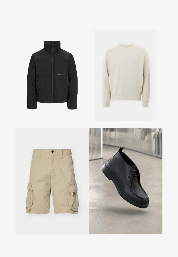 Svart puffjacka med hög krage, främre dragkedjestängning och quiltat mönster. Slätt tyg med en subtil logotyp på bröstet.; Ljust beige sweatshirt i mjukt tyg med rundad halsringning, långa ärmar och ribbade muddarna och nederkant. Minimalistisk design, inga synliga mönster.; Beiga cargo-shorts tillverkade av bomullstyg, med sidofickor, knäppning med knapp och rak passform. Slät textur.; Svart lädersko med en slät yta, rund tå och snördesign; har en låg profil sula och en dragflik bak.