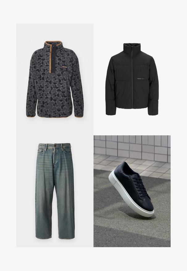 Mustra musta puffer-jakk, millel on kõrge krae, eesne tõmblukku ja tikandiga disain. Sile kangas, millel on rindkeres diskreetne logo.; Columbia HELVETIA - Fliisdžemper - black retroscape; Heledad sinine denim-stiilis teksad, volüümse lõike, keskmise kõrgusega talje ja sirgete säärega. Omab viit taskut, vöökumme ja nööpide sulgemist.; Mustast nahast tennisetoss, millel on ümar nina ja valge kummist tall. Omab siredaid paelu ja minimaalset õmblemist ülemises osas. Tekstuuriga tald, mis tagab haakuvuse.