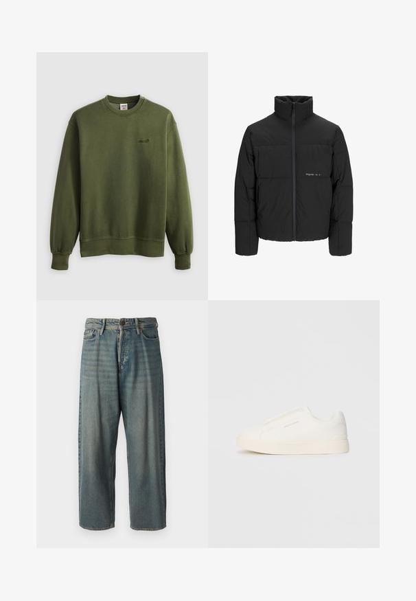Črni pufast plašč z visokim ovratnikom, sprednjim zadrgo in prešitjem. Gladka tkanina z diskretnim logotipom na prsih.; Olivno zelena majica z okroglim izrezom, rebrastimi manšetami in spodnjim robom. Na sprednjem delu je majhen vtisnjen Levi's logotip. Klasičen kroj in mehak material.; Svetlomoderne kavbojke z ohlapnim krojem, srednjim pasom in ravnimi nogami. Imajo pet žepov, zanke za pas in zapiranje na gumb.; Bele zapete brez vezalk z teksturirano površino, debelim podplatom in minimalističnim dizajnom. Na strani se nahaja logotip blagovne znamke.