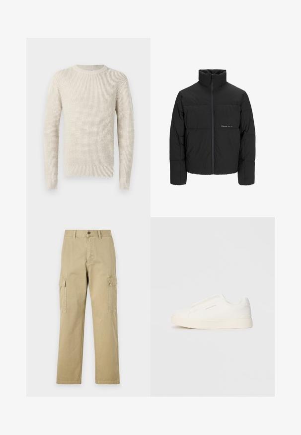 Crna puffer jakna s visokim ovratnikom, prednjim zatvaračem i kviltanim dizajnom. Glatka tkanina s suptilnim logotipom na prsima.; Krem boje pleteni pulover s rebrastom teksturom, okruglim izrezom i dugim rukavima. Ima slobodan kroj te elastične manžete i donji rub.; Bež cargo hlače izrađene od pamuka, s dva bočna džepa, zatvaranjem na gumb i ravnim nogavicama od blago teksturirane tkanine.; Bijele slip-on tenisice s teksturiranom površinom, debelim đonom i minimalističkim dizajnom. Sadrže logo branda sa strane.
