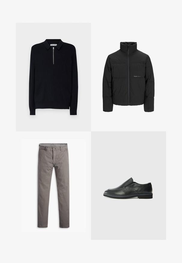 Črni pufast plašč z visokim ovratnikom, sprednjim zadrgo in prešitjem. Gladka tkanina z diskretnim logotipom na prsih.; Moški črni pleteno pulover z ovratnikom, zadrgo, dolgimi rokavi in rebrasto teksturo po celotnem puloverju.; Sive chinos z gladko teksturo, naravnim krojem, standardnim petimi žepi in kovinsko gumbom na pasu.; Črne usnjene natikače z gladkim zgornjim delom, prišitimi detajli, zaobljenim nosom in nizkim gumijastim petkom. Podplat ima minimalen profil.