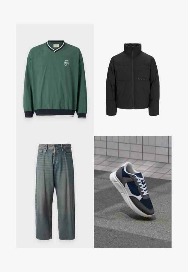 Giubbotto bomber nero con colletto alto, chiusura frontale con zip e design trapuntato. Tessuto liscio con un logo discreto sul petto.; Pullover verde con scollo a V, colletto a costine blu navy a contrasto e polsini elastici. Presenta un piccolo logo bianco sul petto. Tessuto leggero.; Jeans di denim azzurro chiaro con vestibilità ampia, vita media e gambe dritte. Presenta cinque tasche, passanti per cintura e chiusura con bottone.; Sneaker con tomaia in rete blu navy, inserti in suede grigio, suola in gomma bianca e lacci bianchi piatti, progettata per comfort e traspirabilità.