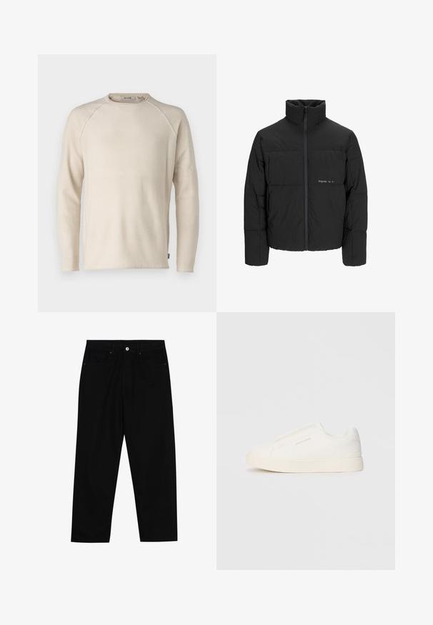 Chaqueta acolchada negra con un alto cuello, cierre frontal de cremallera y diseño acolchado. Tejido suave con un logo sutil en el pecho.; Suéter de punto beige con un patrón texturizado, cuello redondo y mangas largas tipo raglán. Tejido suave con detalles de rayas horizontales.; Pantalones de mezclilla negra con corte recto, diseño de cinco bolsillos y cierre frontal con botón. Textura suave con detalles de costura mínimos.; Zapatillas blancas tipo slip-on con una superficie texturizada, suela gruesa y diseño minimalista. Presenta el logo de la marca en un lado.