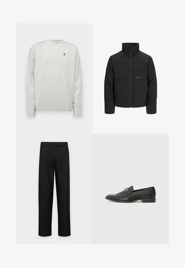 Juodas pūkinis švarkas su aukštu apykakle, priekiniais užtrauktukais ir kvadratinės siuvimo dizainu. Lygus audinys su subtiliu logotipu krūtinėje.; Šviesiai pilkas ilgomis rankovėmis marškinėliai su apvaliu kaklu, pasižymintys tekstūruotu audiniu ir mažai tamsiai mėlyna logotipu kairiajame krūtinės pusėje.; Juodi kelnių modeliai, pagaminti iš lygios medžiagos, turi tiesią kojas, du priekiniai klostės ir standartinę juosmenį su diržo kilpomis.; Juodos odinės loafer tipo bateliai su lygiu paviršiumi, turintys siuvinėtą dizainą ir dekoratyvų metalo grandinėlės akcentą ant batų viršaus. Plokščias kulnas.