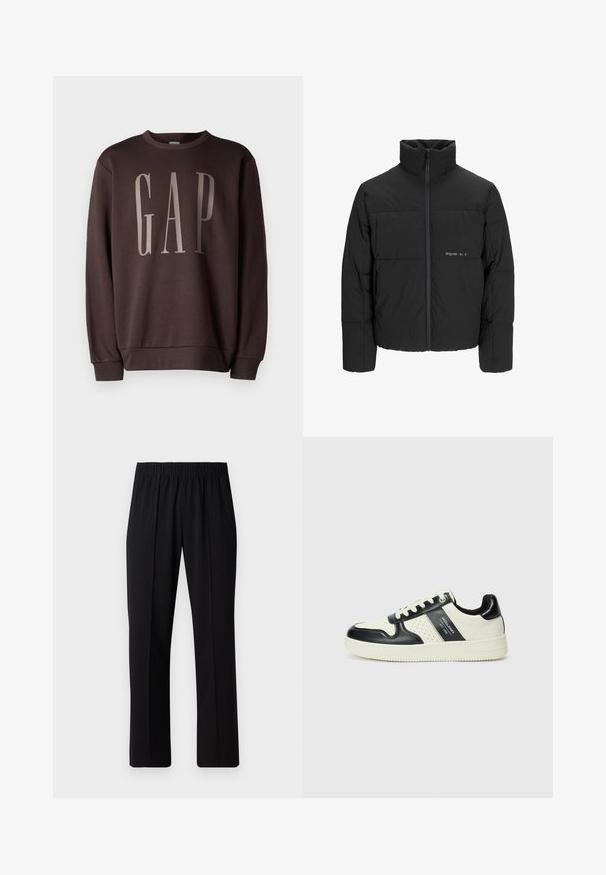 Giubbotto bomber nero con colletto alto, chiusura frontale con zip e design trapuntato. Tessuto liscio con un logo discreto sul petto.; GAP Felpa - terra brown; Pantaloni neri con vita elasticizzata e design a gamba dritta, caratterizzati da una texture liscia e senza motivi o hardware visibili.; Sneakers in pelle con una combinazione di colori nero e crema, dotati di dettagli perforati, collare imbottito e suola testurizzata.