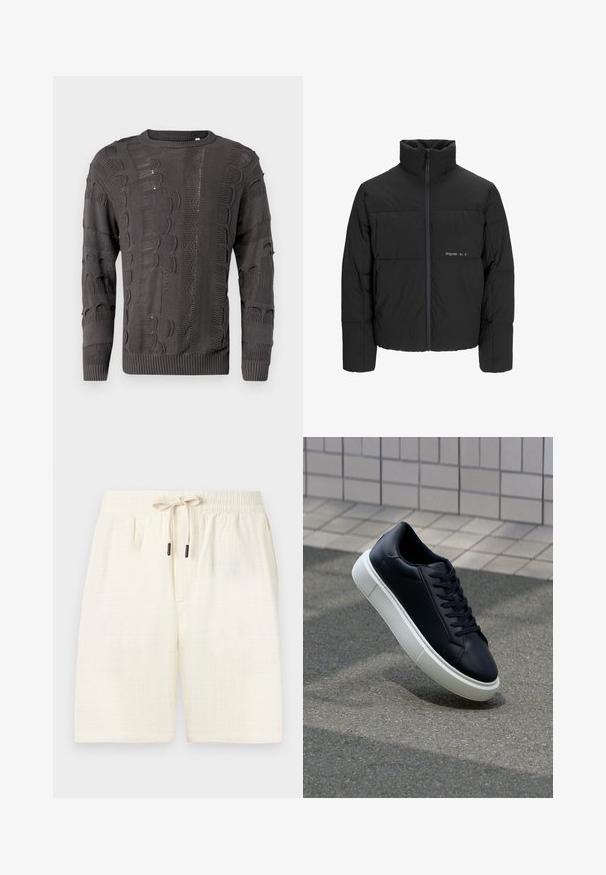 Musta puhvijakku, jossa on korkea kaulus, etuvetoketju ja tikattu muotoilu. Sileä kangas, jossa on hienovarainen logo rinnassa.; Tummanharmaa neulottu villapaita, jossa on vaihtelevaa tekstuuria, pitkät hihat ja pyöreä kaula-aukko. Ribbaushelma ja hihansuut viimeistelevät suunnittelun.; Kermankrossit, jotka on valmistettu teksturoidusta kankaasta ja joissa on ruutukuvio. Ominaisuudet: joustava vyötärö, jossa on nyöri, ja kaksi sivutaskua.; Mustat nahkakengät, joissa on pyöristetty kärki ja valkoinen kumipohja. Varusteena litteät nauhat ja minimaalinen ommel ylhäällä. Teksturoitu pohja pitävyyden lisäämiseksi.