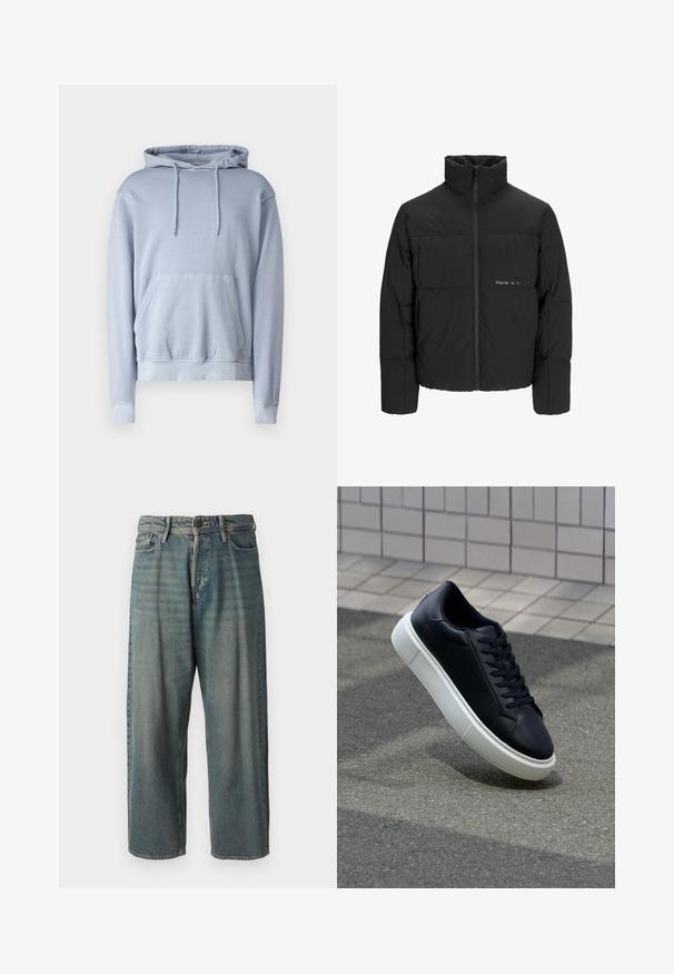 Giubbotto bomber nero con colletto alto, chiusura frontale con zip e design trapuntato. Tessuto liscio con un logo discreto sul petto.; Felpa azzurra chiara realizzata in tessuto morbido, con tasca frontale, cappuccio con cordino e polsini e orlo a coste. Design semplice e liscio senza motivi.; Jeans di denim azzurro chiaro con vestibilità ampia, vita media e gambe dritte. Presenta cinque tasche, passanti per cintura e chiusura con bottone.; Sneaker in pelle nera con punta arrotondata e suola in gomma bianca. Presenta lacci piatti e cuciture minime sulla parte superiore. Suola testurizzata per una migliore aderenza.