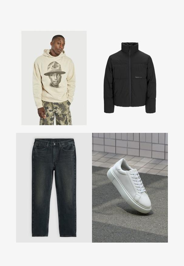 Giubbotto bomber nero con colletto alto, chiusura frontale con zip e design trapuntato. Tessuto liscio con un logo discreto sul petto.; Hoodie beige con una grande grafica in bianco e nero di una persona con un cappello. Materiale in cotone con una texture morbida. Vestibilità ampia e tasca a marsupio.; Jeans in denim blu scuro con taglio dritto, dotati di cinque tasche, chiusura con zip e cuciture a contrasto. Leggera scoloritura sul tessuto.; Sneaker bianco in pelle con superficie liscia, punta rotonda e lacci piatti bianchi. Presenta una suola in gomma texturizzata e un design minimale.