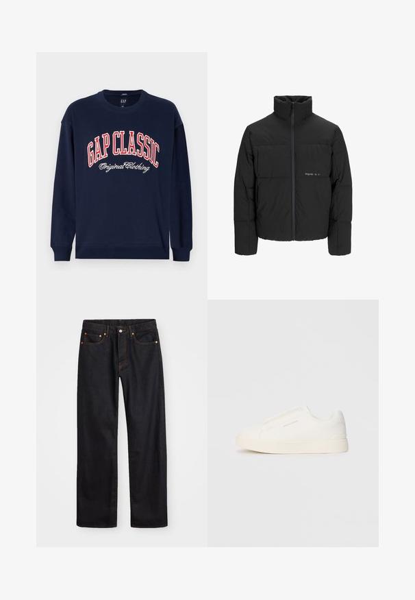 Črni pufast plašč z visokim ovratnikom, sprednjim zadrgo in prešitjem. Gladka tkanina z diskretnim logotipom na prsih.; Mornarsko moder pulover z dolgimi rokavi in krožnim izrezom. Ima napis "GAP CLASSIC" v rdeči in beli pisavi čez prsi, z dodatnimi šivi.; Moške črne kavbojke ravnega kroja z petimi žepi in oranžnim šivanjem, z gumbom in zadrgo na sprednjem pasu.; Bele zapete brez vezalk z teksturirano površino, debelim podplatom in minimalističnim dizajnom. Na strani se nahaja logotip blagovne znamke.
