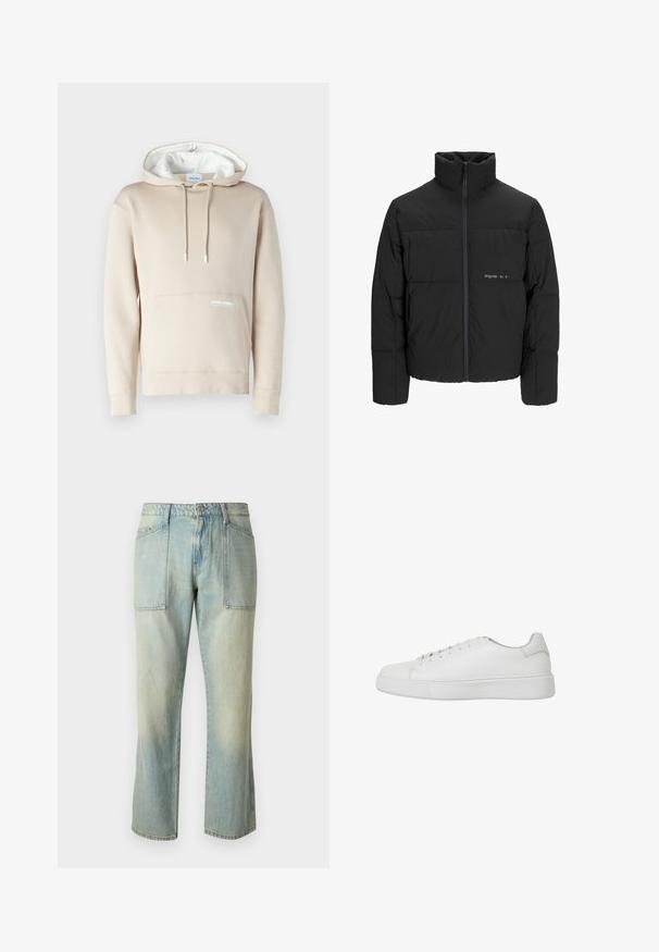 Melnā pūka jaka ar augstu apkakli, priekšējo rāvējslēdzēju un quilted dizainu. Gluda auduma virsma ar maigu logotipu uz krūšu daļas.; Bežs džemperis ar baltu ar garo kapuci, auklām un priekšējo kabatu. Uz kabatas ir maiga logo. Izgatavots no mīksta auduma.; Gai zila denim auduma bikses ar taisnu kāju griezumu, redzamu izšuvumu un divām lielām priekšējām kabatām. Audumam ir izbalējusi tekstūra.; Balti sneakeri izgatavoti no gludas ādas ar noapaļotu purngali, šūtu detaļu un plakanu gumijas zoli. Minimālistisks dizains ar auklu aizdari.