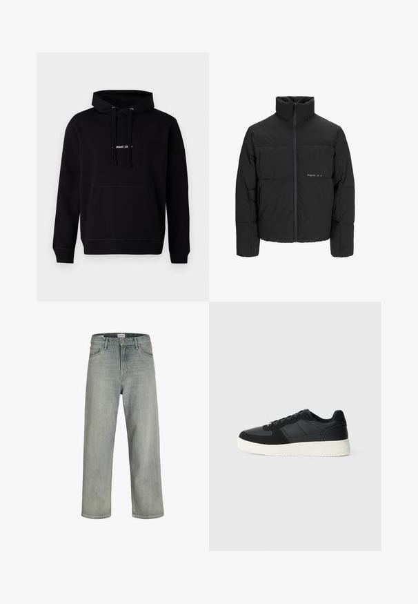 Crna puffer jakna s visokim ovratnikom, prednjim zatvaračem i kviltanim dizajnom. Glatka tkanina s suptilnim logotipom na prsima.; Crna majica s kapuljačom napravljena od pamuka, s prednjim džepom, kapuljačom s špagama i malim izvezenim logotipom na prsima. Klasičan kroj s rebrastim manžetama.; Svijetlosive, široke traperice napravljene od denima. Imaju klasičan dizajn s pet džepova, petlje za remen i ravni kroj nogavica.; Crni niski tenisice s teksturiranom kožom i antilop panelima, bijelim gumene potplate i crnim vezicama na jednostavnoj svijetloj pozadini.