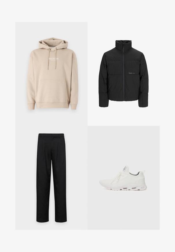 Mustra musta puffer-jakk, millel on kõrge krae, eesne tõmblukku ja tikandiga disain. Sile kangas, millel on rindkeres diskreetne logo.; Beež kapuutsiga sweatkurta puuvillase segu, millel on ees suuri tasku ja paelaga kapuuts. Rinnal on trükitud logo. Pehme tekstuur.; Mustad mustadest riietest, millel on sirge jalgade disain, kaks eesmist voltimist ja tavaline vöökoht, millel on vöökohad.; Valged sportijalatsid, millel on tekstuuriga kudum peal, lame paelad ja pehmendatud tallad nähtavate õhukambritega täiendava toe jaoks.