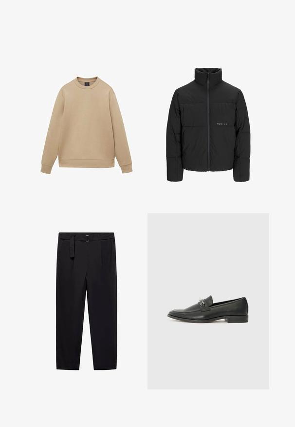 Črni pufast plašč z visokim ovratnikom, sprednjim zadrgo in prešitjem. Gladka tkanina z diskretnim logotipom na prsih.; Bežna majica iz mehkega materiala. Ima okroglo ovratnik, dolge rokave in rebraste manšete ter ravno spodnji rob. Minimalističen dizajn.; Črne hlače s ravnim krojem, zankami za pas in z odstranljivim pasom. Gladka tkanina s stranskimi žepi in brez vidnih vzorcev ali kovinskih elementov.; Črni usnjeni loafer z gladko površino, ki ima šivano zasnovo in dekorativni kovinski verižni naglas preko vampirja. Ravno peto.