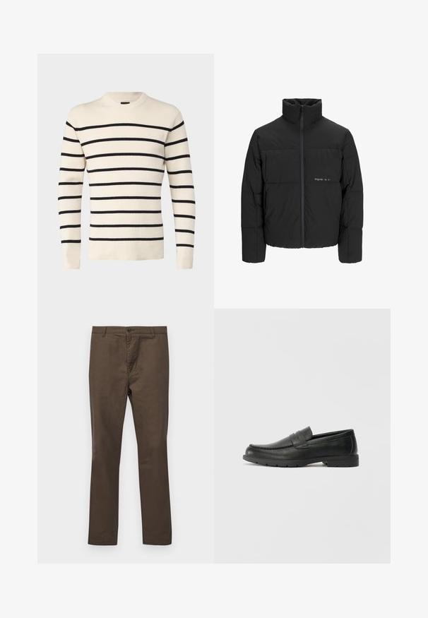 Svart boblejakke med høy krage, frontåpning med glidelås og kviltet design. Glatt stoff med en subtil logo på brystet.; Only & Sons ONSPHIL CREW - Strikkegenser - antique white; Brune bomullsbukser med rett ben-design, med knappelukking og beltehemper, glatt tekstur uten mønstre eller detaljer.; Svart skinnloafers med glatt finish, mokkasin-stil overdel, broderte detaljer og gummisåle. Klassisk design med lav hæl.