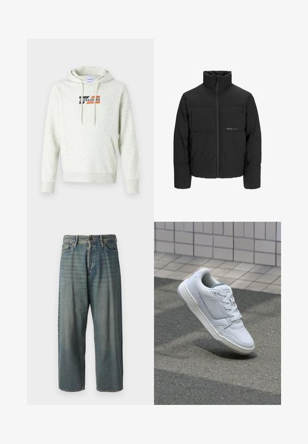 Giubbotto bomber nero con colletto alto, chiusura frontale con zip e design trapuntato. Tessuto liscio con un logo discreto sul petto.; Felpa grigia chiara con tasca frontale, cappuccio regolabile con cordino e logo stampato "JACK & JONES" con accenti neri, arancioni e rossi.; Jeans di denim azzurro chiaro con vestibilità ampia, vita media e gambe dritte. Presenta cinque tasche, passanti per cintura e chiusura con bottone.; Sneaker bianca in pelle con lati perforati, accenti testurizzati, lacci piatti e tallone grigio a contrasto. Presenta una suola leggermente elevata.