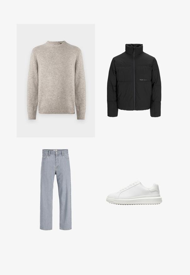Fekete puff dzseki magas gallérral, elülső cipzárral és steppelt kialakítással. Simaságú anyag, finom logóval a mellkason.; Világosszürke kötött pulóver, kerek nyakkivágással, bordás mandzsettákkal és szegéllyel, valamint textúrált felülettel. Nincsenek látható minták vagy díszítések.; Világoskék farmernadrág, laza szabású, egyenes lábú kialakítással, látható varrással, két elülső zsebbel és gombos záródással.; Fehér edzőcipő sima szintetikus felsőrész, kerek orr, lapos fűzők, texturált talp és réteges, platform dizájn a magasabb megjelenés érdekében.
