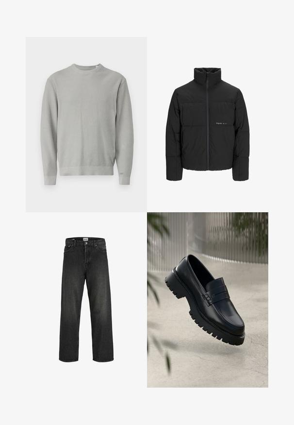 Fekete puff dzseki magas gallérral, elülső cipzárral és steppelt kialakítással. Simaságú anyag, finom logóval a mellkason.; Világosszürke kötött pulóver kerek nyakkal, hosszú ujjakkal, bordás mandzsettákkal és aljjal. Texturált anyag egyenletes mintával az egész felületen.; Sötétszürke farmernadrág, laza fazonban, egyenes szárakkal, öt zsebbel és gombos záródással a deréknál. Látható varrások díszítik.; Fekete bőr loaferek masszív talppal, díszes pánttal és varrási részletekkel. Simább textúrájú, fényes felületű.