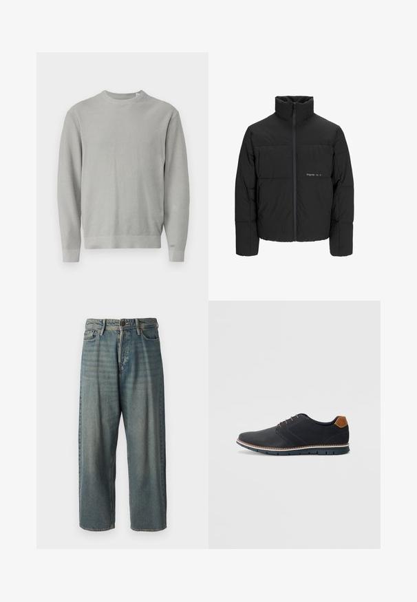 Mustra musta puffer-jakk, millel on kõrge krae, eesne tõmblukku ja tikandiga disain. Sile kangas, millel on rindkeres diskreetne logo.; Helehall kašmiirsviit ümmarguse kaelusega, pikkade varrukatega, ribakujuliste mansettide ja äärisega. Tekstureeritud kangas ühtlase mustriga.; Heledad sinine denim-stiilis teksad, volüümse lõike, keskmise kõrgusega talje ja sirgete säärega. Omab viit taskut, vöökumme ja nööpide sulgemist.; Mustavad sünteetilised jalatsid tekstureeritud pealsega, siledad aktsendid, pruun kand ja kontrastne tall. Omab minimaalset lukkude ja õmbluste dekoratsiooni.