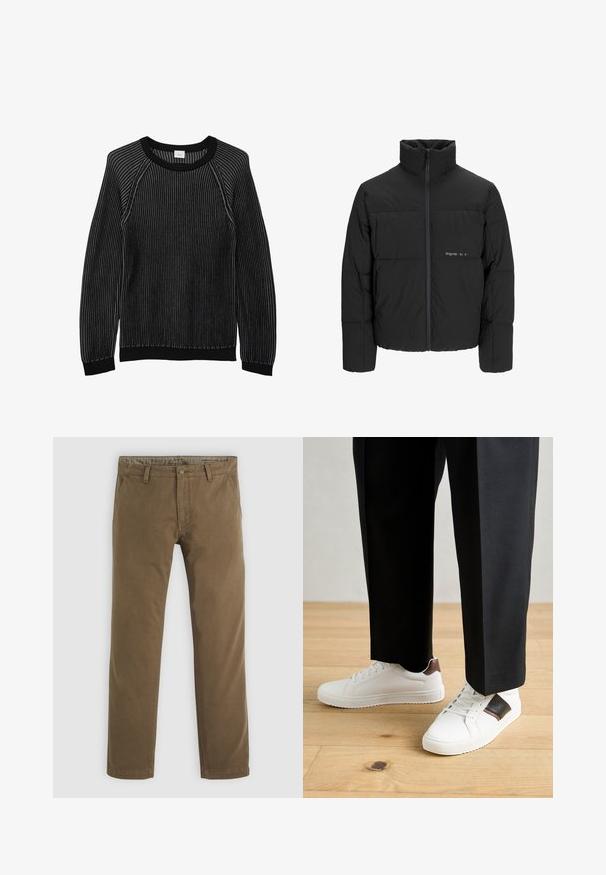 Schwarze Pufferjacke mit hohem Kragen, Front-Reißverschluss und gestepptem Design. Glattes Material mit dezentem Logo auf der Brust.; s.Oliver IN TWO TONE OPTIK - Strickpullover - schwarz; Khakifarbene Baumwollhose mit geradem Bein, ausgestattet mit einem Knopfverschluss, zwei vorderen Taschen und einer glatten Textur.; Weiße Sneakers mit glatter Textur, versehen mit braunen Lederakzenten und schwarzen Details, kombiniert mit schwarzen maßgeschneiderten Hosen. Hintergrund aus Holzboden.