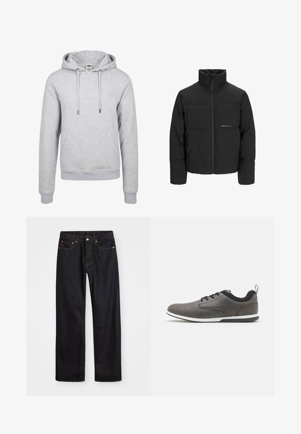 Fekete puff dzseki magas gallérral, elülső cipzárral és steppelt kialakítással. Simaságú anyag, finom logóval a mellkason.; Szürke kapucnis pulóver kenguruzsebbel, rugalmas mandzsettákkal, állítható zsinórokkal és puha, texturált anyaggal. Hétköznapi dizájn, amely rétegezéshez is alkalmas.; Férfi egyenes szabású fekete farmernadrág öt zsebbel és narancssárga varrással, gombos és cipzáros záródással elöl.; Szürke bőr cipők fekete akcentusokkal, kerek orral, fűzős kialakítással, fehér talppal és egy kis húzófüllel a saroknál.