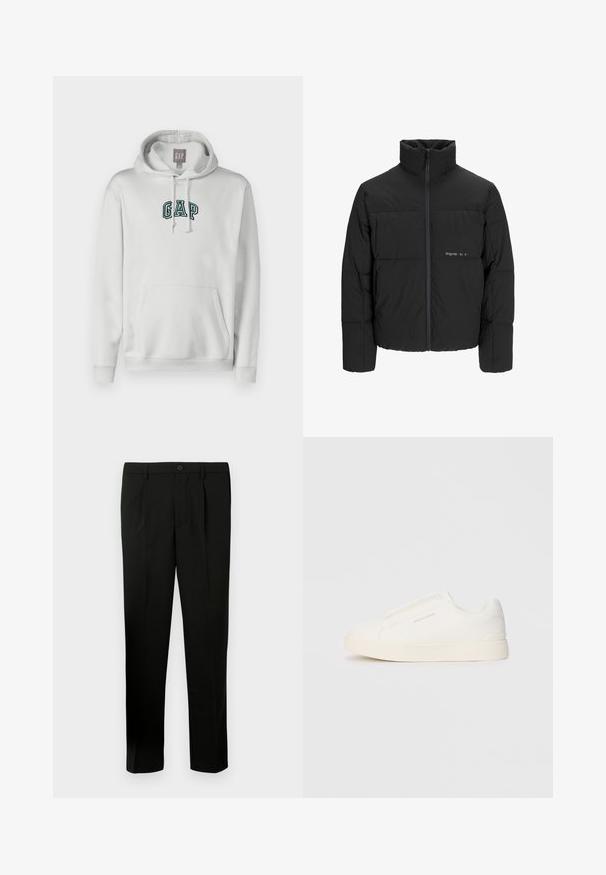Doudoune noire avec un col haut, fermeture éclair sur le devant et design matelassé. Tissu lisse avec un logo subtil sur la poitrine.; GAP TONAL ARCH - Sweat à capuche - carls stone; Pantalon noir ajusté avec un devant plat, deux plis, une fermeture à bouton, des poches latérales et une coupe droite. Fabriqué à partir d'un tissu lisse.; Baskets blanches sans lacets avec une surface texturée, une semelle épaisse et un design minimaliste. Présente le logo de la marque sur le côté.