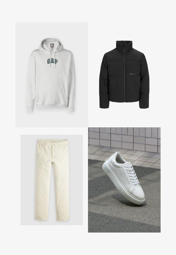 Schwarze Pufferjacke mit hohem Kragen, Front-Reißverschluss und gestepptem Design. Glattes Material mit dezentem Logo auf der Brust.; GAP TONAL ARCH - Kapuzenpullover - carls stone; Helle beigefarbene, lässig geschnittene Hose mit drei Taschen, Gürtelschlaufen und geradem Bein. Hergestellt aus einem weichen Baumwoll-Mix.; Weiße Leder-Sneaker mit glatter Oberfläche, runder Zehenpartie und flachen weißen Schnürsenkeln. Verfügt über eine strukturierte Gummisohle und minimalistische Designelemente.