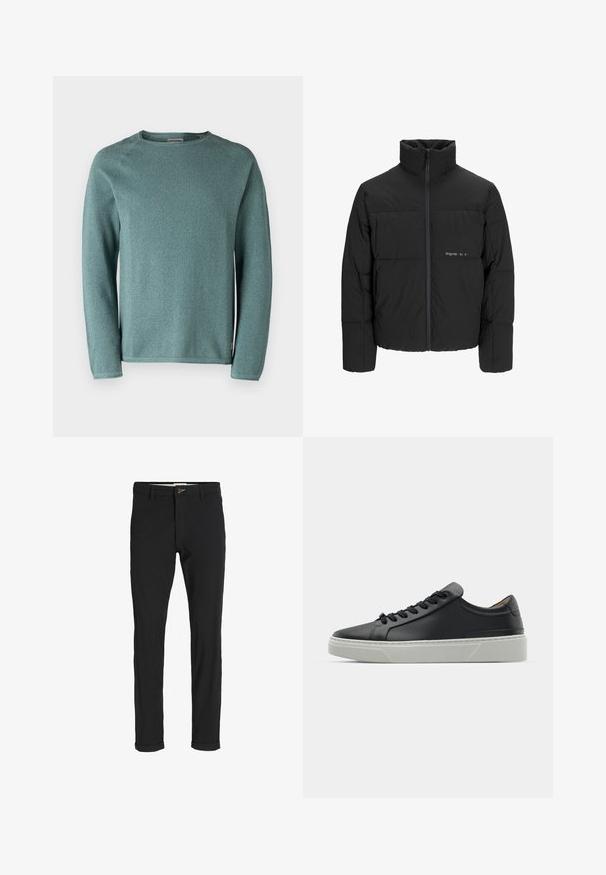 Black puffer jacket featuring a high collar, front zip closure, and quilted design. Smooth fabric with a subtle logo on the chest.; Jack & Jones EHILL CREW NECK - Jumper - goblin blue; Black cotton blend pants with a slim fit, featuring a button closure, pockets, and rolled cuffs for a casual finish.; Black leather sneaker with a smooth texture, round toe, and black laces. Features a thick, white rubber sole with subtle geometric accents.
